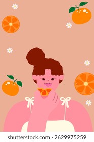 woman eating orange with citrus fruit background, skincare, beauty, and vitamin c nutrition concept
