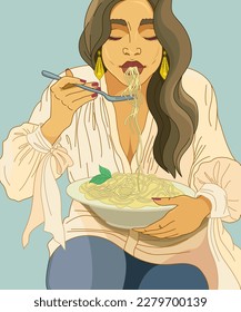 The woman is eating pasta. Large portion of spaghetti on a plate. A young girl eats with an appetite, a fork in her hand. Oriental person. Art Portrait, closed eyes. Vector illustration.