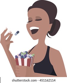 Woman eating pills like popcorn