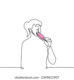 woman eating pink popsicle - one line art vector. concept woman eating strawberry ice cream on a stick