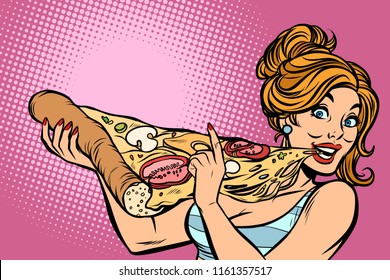 Woman eating pizza. Comic cartoon pop art retro vector illustration drawing