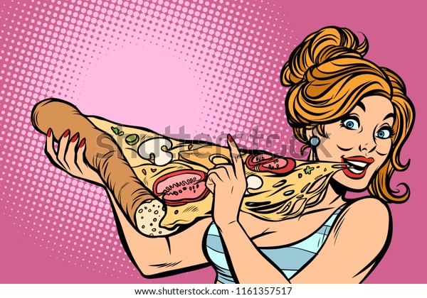 Frau Isst Pizza Comiccartoon Popart Retro Vektorgrafik Zeichnung