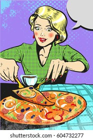 Woman eating pizza with emotion pop art comic style illustration
