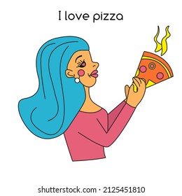 Woman eating pizza. Hand draw style. Isolated vector object on a white background.