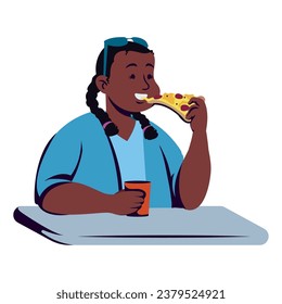 woman eating pizza illustration isolated