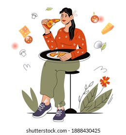 Woman eating pizza in a restaurant or street cafe surrounded various food symbols, cartoon vector illustration isolated on white background. Italian cuisine restaurant or pizzeria.