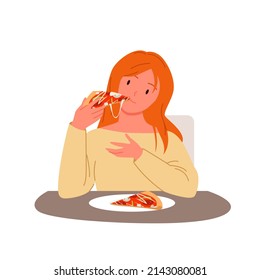 Woman eating pizza vector illustration. Cartoon happy girl dining, female student sitting at cafe table to eat delicious slice of pizza from plate isolated on white. Fast food, lifestyle concept