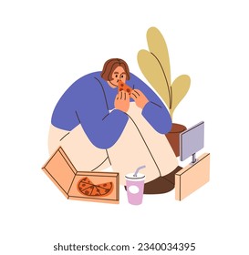 Woman eating pizza, watching movie on TV at home. Person with fat fast food and television, spending time alone. Girl relaxing at leisure weekend. Flat vector illustration isolated on white background