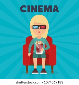 woman eating pop corn and watching a movie 3d