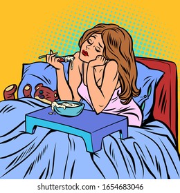 mujer comiendo avena. Desayuno en la cama. Dibujo cómico de arte poro vector kitsch vintage