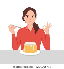 Woman eating pudding on the table with ok sign. Flat vector illustration isolated on white background