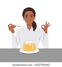 Woman eating pudding on the table with ok sign. Flat vector illustration isolated on white background