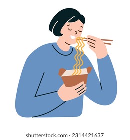 Woman eating ramen from container box, noodle soup icon, vector doodle illustration of Asian fast food, Chinese, Japanese or Korean cuisine, female cartoon character holding chopsticks, enjoying meal