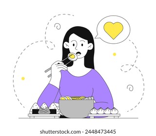 Woman eating ramen linear. Young girl sitting near noodles with eggs. Traditional asian cuisine. Japanese food in cafe or catering. Doodle flat vector illustration isolated on white background