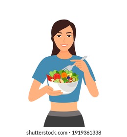 Woman Eating Salad For Diet And Good Health In Flat Design. Vegetable And Fruit Salad Bar Healthy Food Concept Vector Illustration On White Background. Vegetarian Meal.