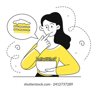 Woman eating salad linear. Young girl with healthy eating in bowl. Proper nutrition and diet. Character think about dessert and delicacy. Doodle flat vector illustration isolated on white background