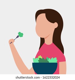 Woman eating salad.Woman holding fork and bowl with vegetable salad. Healthy food. Vector illustration.