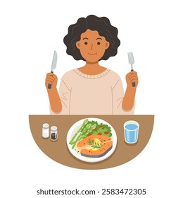 A woman eating salmon steak. Good food for life. Healthy foods with benefits. Healthy and vegan food concept.