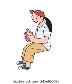 a woman is eating sandwich. cartoon style vector illustration. 