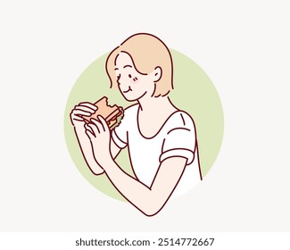 A mulher está comendo um sanduíche. Ilustrações de design de vetor de estilo desenhado à mão.