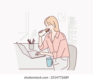 A mulher está comendo um sanduíche no escritório. Ilustrações de design de vetor de estilo desenhado à mão.