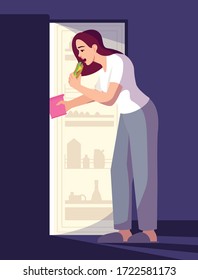 Woman eating sandwich semi flat RGB color vector illustration. Stressed girl having late snack isolated cartoon character on blue background. Emotional eating, stress management. Insomnia problem