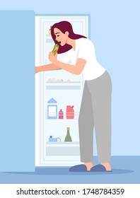 Woman eating sandwich semi flat RGB color vector illustration. Stressed girl near opened fridge isolated cartoon character on blue background. Emotional eating, overeating problem, unhealthy nutrition