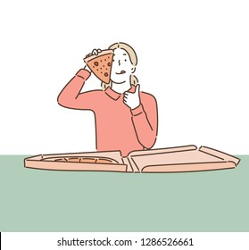 A woman eating a slice of pizza sitting at a table. hand drawn style vector design illustrations.