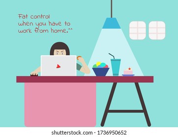 Woman eating snacks while sitting to work at home. Besides, there are coffee desserts cakes under concept quarantine for Coronavirus or Covid-19 at home but must control fat, flat vector illustration