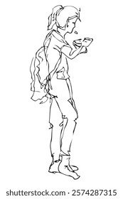 Woman Eating Something from Styrofoam or Container, Simple Sketch