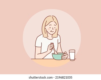  woman eating soup in kitchen. Hand drawn style vector design illustrations.