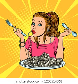woman eating spaghetti. Comic cartoon pop art retro vector illustration drawing