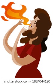 woman eating spicy food with fire flame 