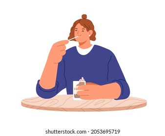 Mujer comiendo postre de azúcar en vidrio, probándolo con cuchara. Una persona feliz disfrutando de una deliciosa comida dulce con placer. Mujer con pastel en la mesa. Ilustración vectorial plana aislada en fondo blanco