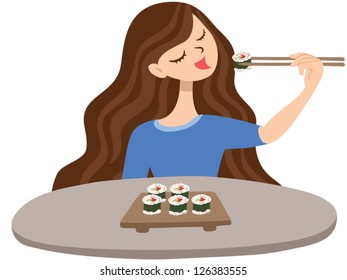 Woman Eating Sushi