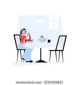 Mulher Comendo Sushi Em Uma Mesa Com Bule De Chá E Xícara Em Ilustração De Vetor Plano Simbolizando Jantar, Cozinha Japonesa, E Relaxamento, Isolado No Fundo Branco