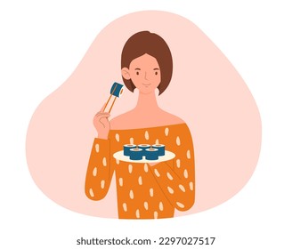 Woman eating sushi. Young girl with plate of delicious food. Asian and Japanese cuisine, lynx and fish. Advertising poster or banner. Person with chopsticks. Cartoon flat vector illustration