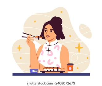 Mujer comiendo sushi. Niña joven con palos cerca de la comida tradicional asiática y el marisco. Copa de café y marisco, sushi. Cocina tradicional japonesa y coreana. Dibujo vectorial plano de dibujos animados