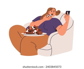 Frauen essen süßen Nachtisch, Kuchen mit Handy in der Hand. Person, die ungesunde Zuckernahrung, Snack, Gebäck, Konfektion zu essen. Gluttony Konzept. Flache grafische Vektorgrafik einzeln auf weißem Hintergrund