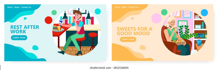 Woman eating sweet donuts at home. Man having lunch in fast food restaurant. Junk food concept illustration. Vector web site design template. Fast food, burger, donuts