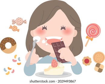 
Woman Eating A Lot Of Sweets