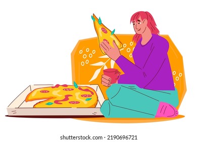 Woman eating takeaway pizza, flat cartoon vector illustration isolated on white background. Takeaway or takeout food delivery and eating italian pizza at home.