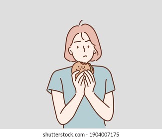 woman eating a tasty classic burger depressed and worry for distress,Hand drawn style vector design illustrations.