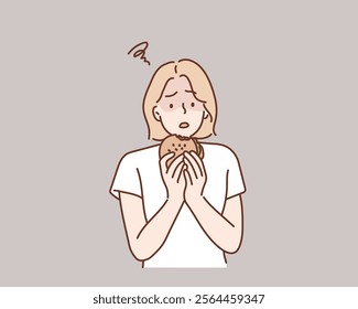 woman eating a tasty classic burger depressed and worry for distress,Hand drawn style vector design illustrations.