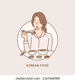 una mujer comiendo comidas tradicionales coreanas. ilustraciones de diseño vectorial de estilo dibujado a mano.