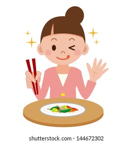 Woman eating vegetable stir-fry