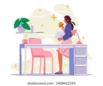 Woman eating at work concept. Young girl walk in office with laptop and hamburger. Fast and takeaway food. Bad eating at workplace, unhealthy snack. Cartoon flat vector illustration