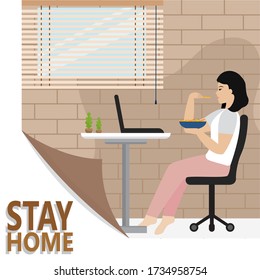 Woman eating and working. Stay in home poster - Vector