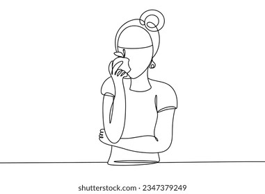 A woman eats an apple. Juicy ripe fruit. International Eat An Apple Day. One line drawing for different uses. Vector illustration.