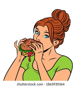 A woman eats a Burger. comics illustration drawing